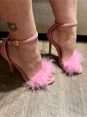 Women's Pink Feather Ankle-Strap Stiletto Heels